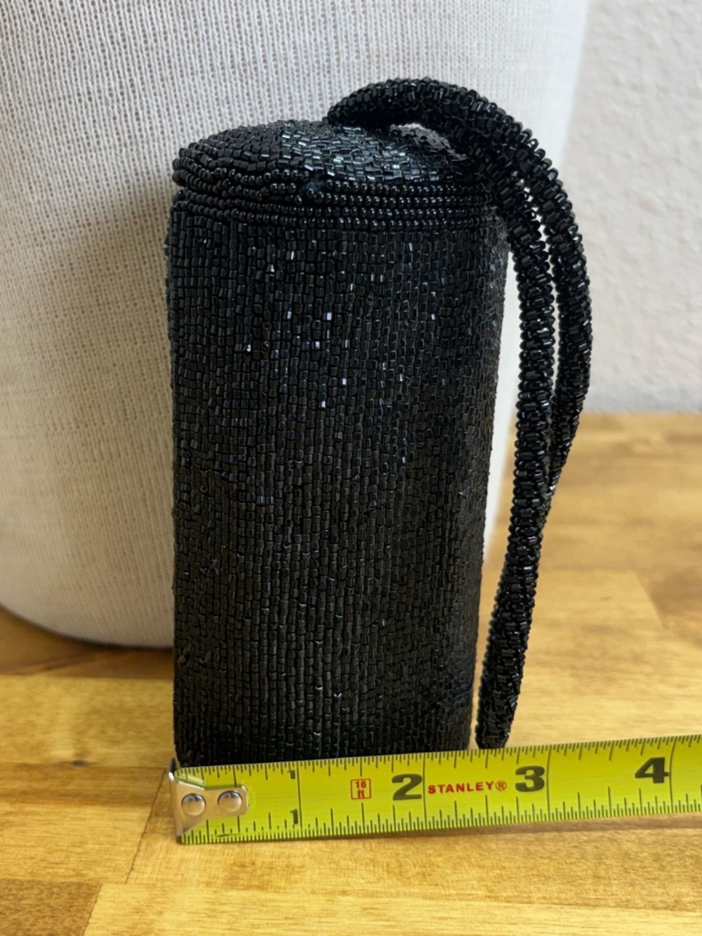 Vintage Beaded Cylinder Vanity Case Wristlet Black Mirror Lid - Picture 4 of 8